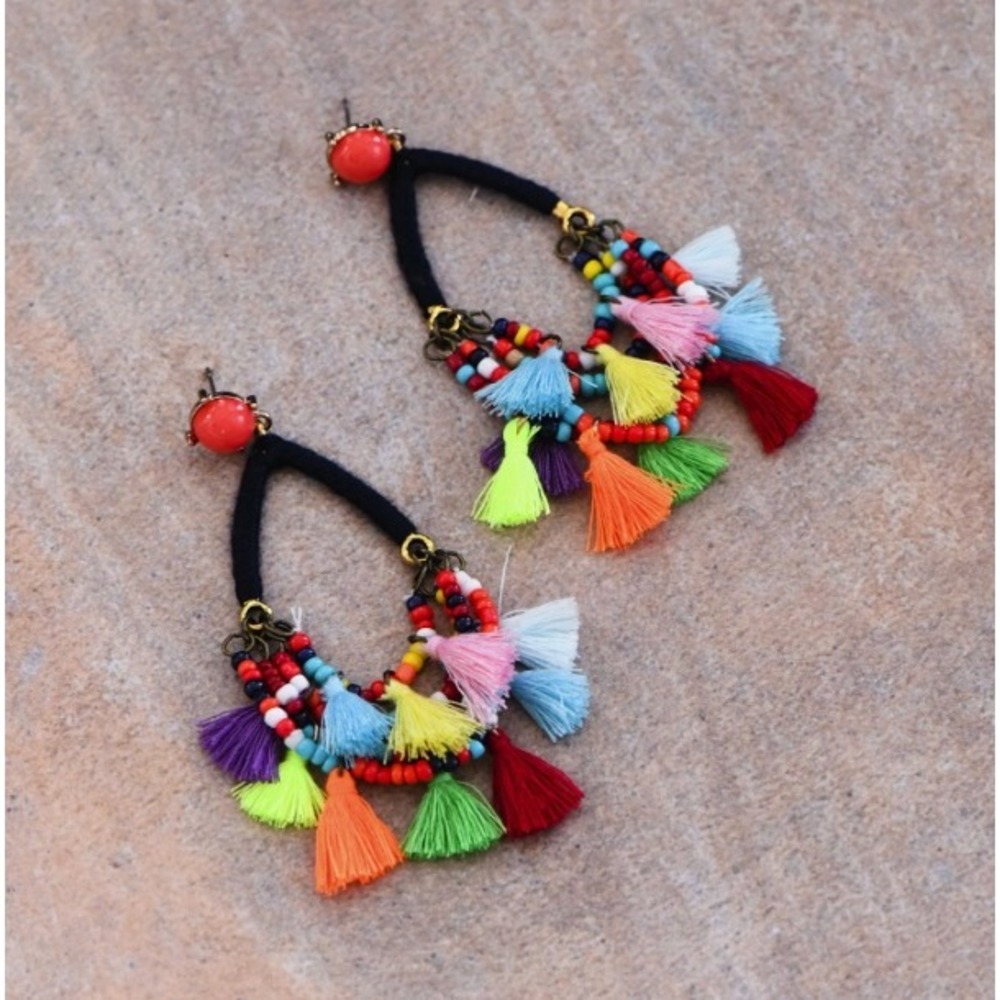 Boho Multicolor Tassel Beaded Drop Earrings Statement Festival Dangle Jewelry